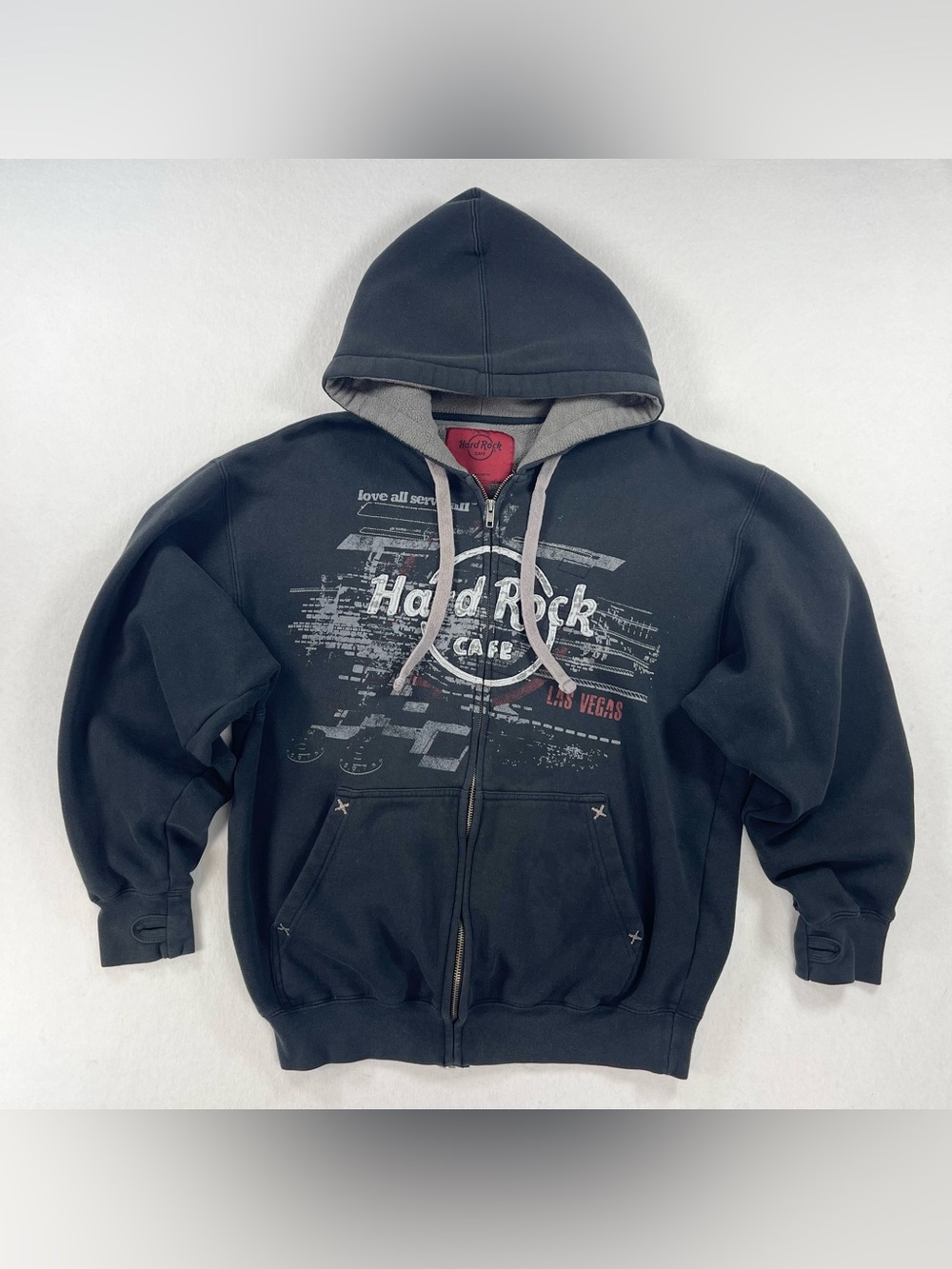 Hard Rock Cafe Zip Up Hoodie Mens M Black Las Vegas Y2K Emo Grunge Heavyweight